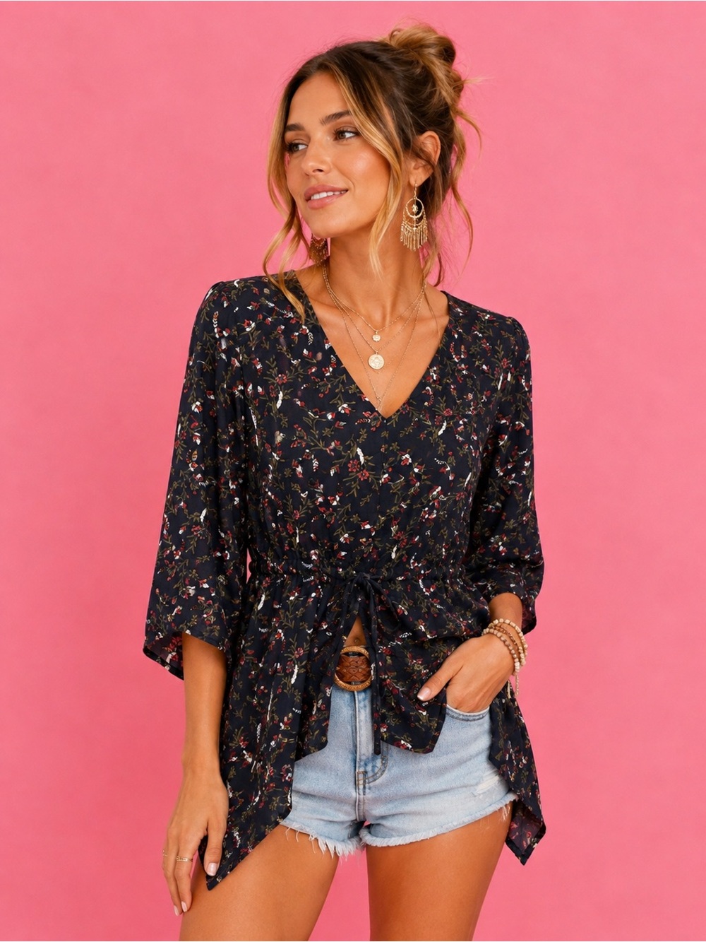 Kate & Mallory Navy Floral V-Neck Drawstring Tunic